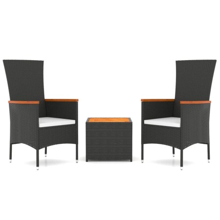 Set Mobili Giardino 3pz Nero Polyrattan e Legno Massello Acacia