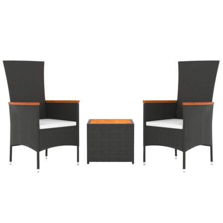 Set Mobili Giardino 3pz Nero Polyrattan e Legno Massello Acacia