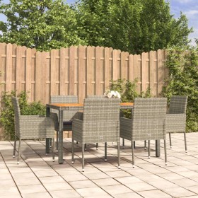 Set da Pranzo da Giardino 7 pz con Cuscini in Polyrattan Grigio