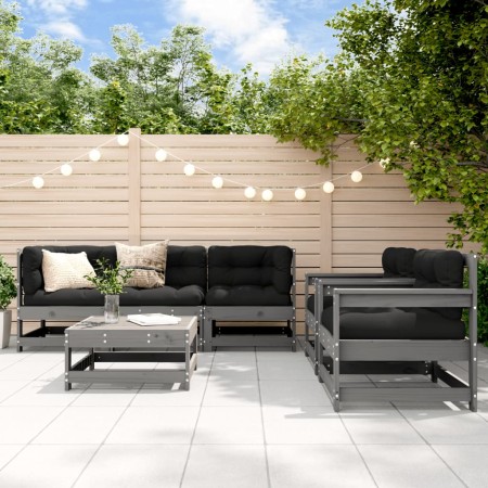 Set Divani da Giardino 6pz con Cuscini in Legno Massello Grigio