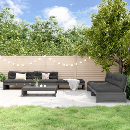 Set Divani da Giardino 6pz con Cuscini in Legno Massello Grigio