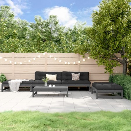 Set Divani da Giardino 5pz con Cuscini in Legno Massello Grigio