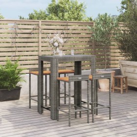 Set Bar Giardino 5pz Grigio Polyrattan e Legno Massello Acacia