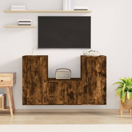 Set Mobili Porta TV 3 pz Rovere Fumo in Legno Multistrato