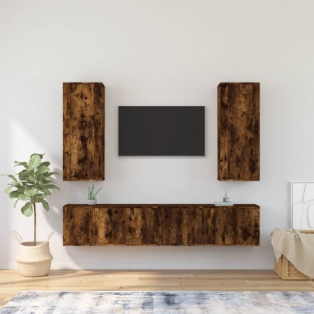 Set di Mobili Porta TV 4 pz Rovere Fumo in Legno Multistrato