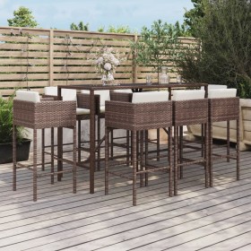 Set Bar da Giardino 9 pz con Cuscini in Polyrattan Marrone