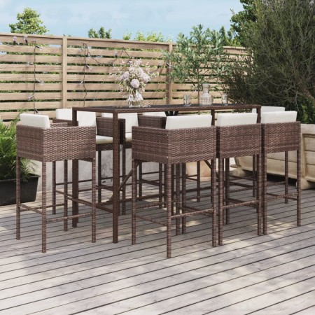 Set Bar da Giardino 9 pz con Cuscini in Polyrattan Marrone