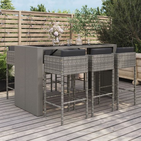 Set Bar da Giardino 7 pz con Cuscini in Polyrattan Grigio