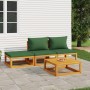 Set Salotto da Giardino 4 pz con Cuscini Verdi Legno Massello