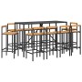 Set Bar Giardino 11 pz Nero Polyrattan e Legno Massello Acacia