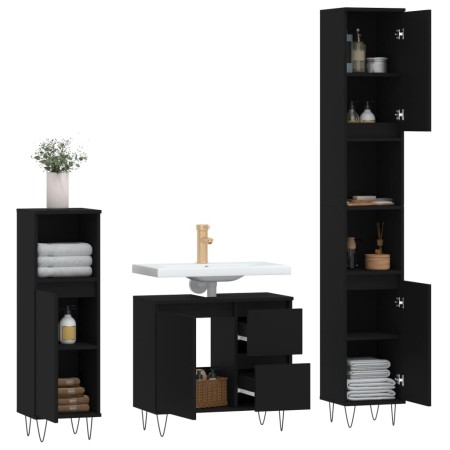 Set Mobili da Bagno 3 pz Nero in Legno Multistrato