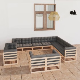 Set Divani Giardino 12 pz con Cuscini in Legno Massello di Pino