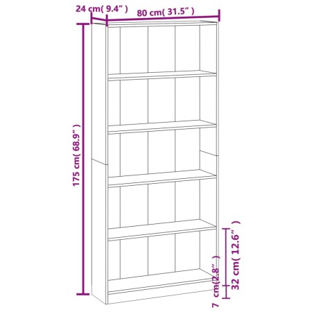 Libreria 5 Ripiani Grigio Sonoma 80x24x175 cm Legno Multistrato