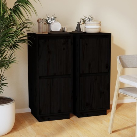 Credenze 2 pz Nero 31,5x34x75 cm in Legno Massello di Pino